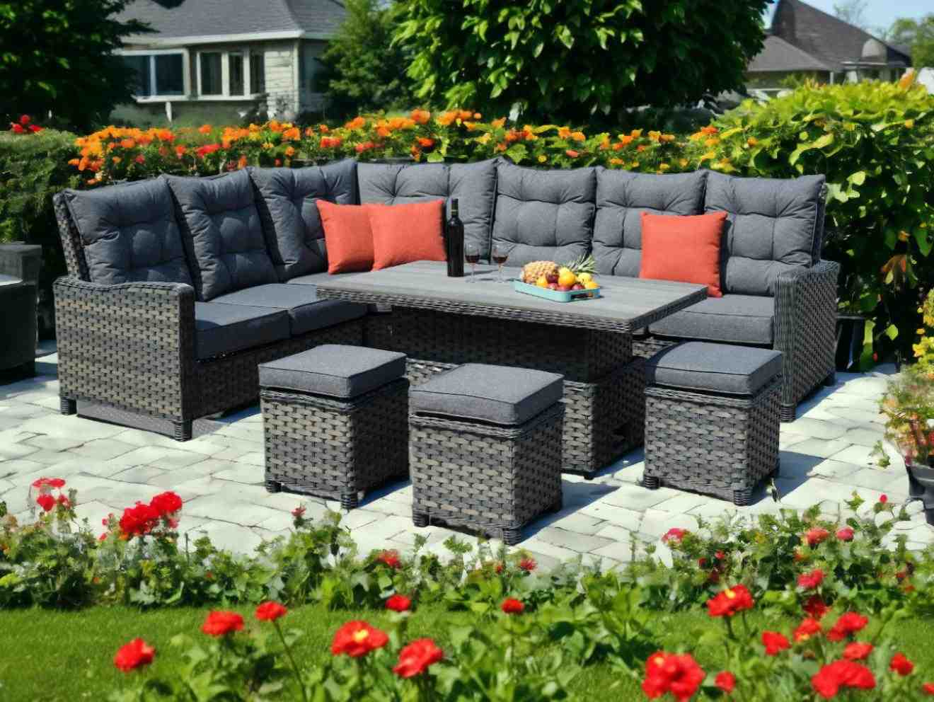 NEW Molly Rattan Grey Large Corner with Rising Table by Homeflair