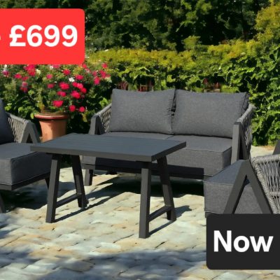 NEW Lizzie Garden Grey 2 Seater + 2 Chairs + Coffee Table Rope Weave Homeflair