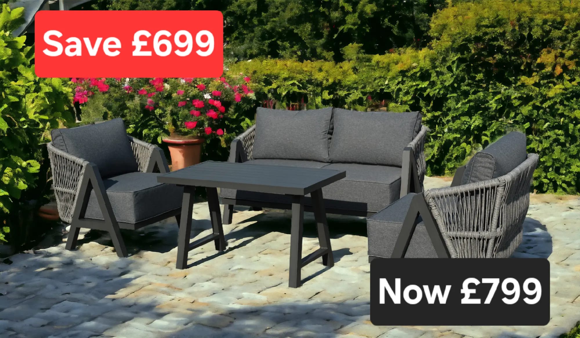 NEW Lizzie Garden Grey 2 Seater + 2 Chairs + Coffee Table Rope Weave Homeflair