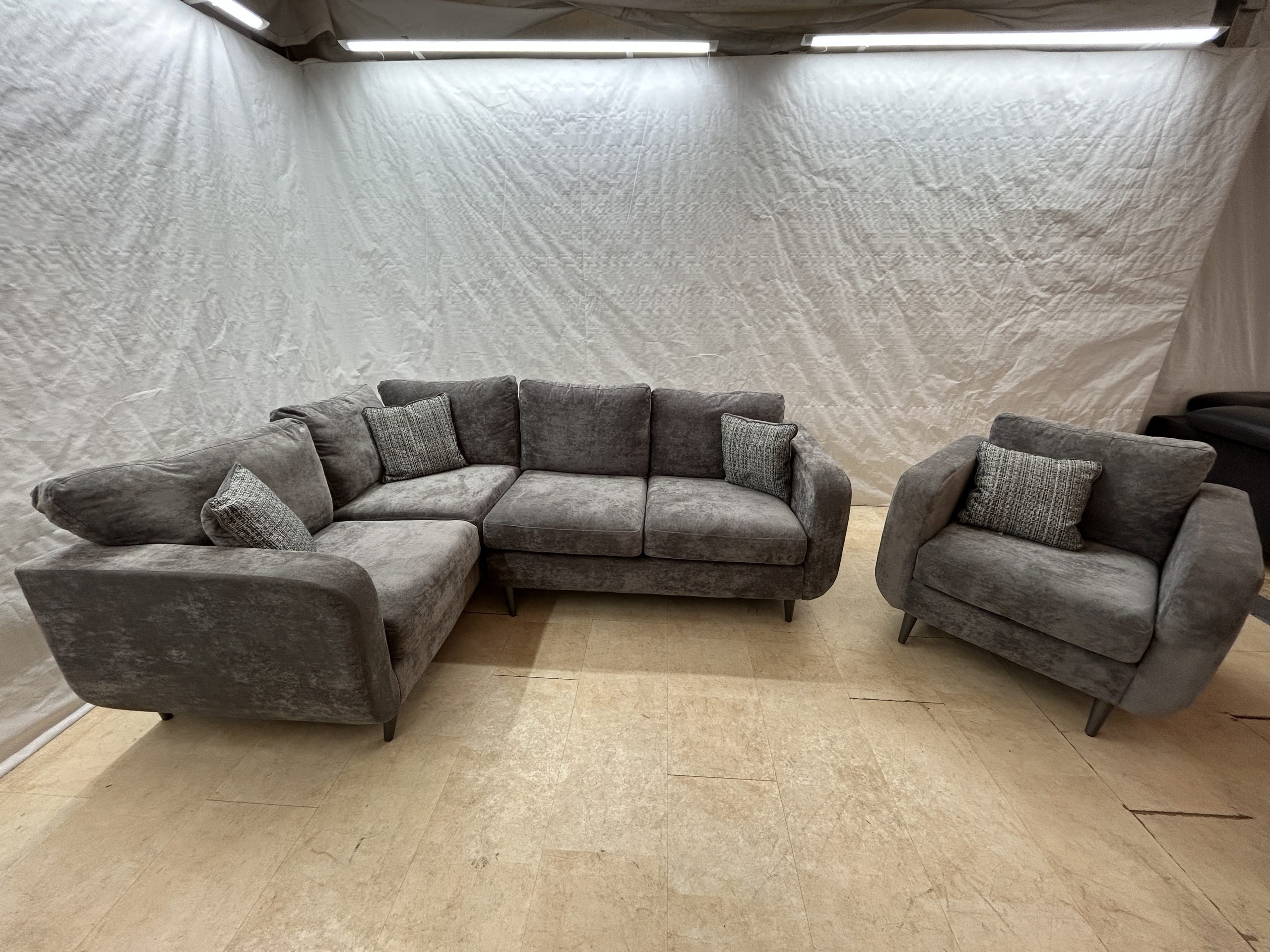 Maia Ex-Display Grey Fabric Corner Sofa + Chair - Image 5
