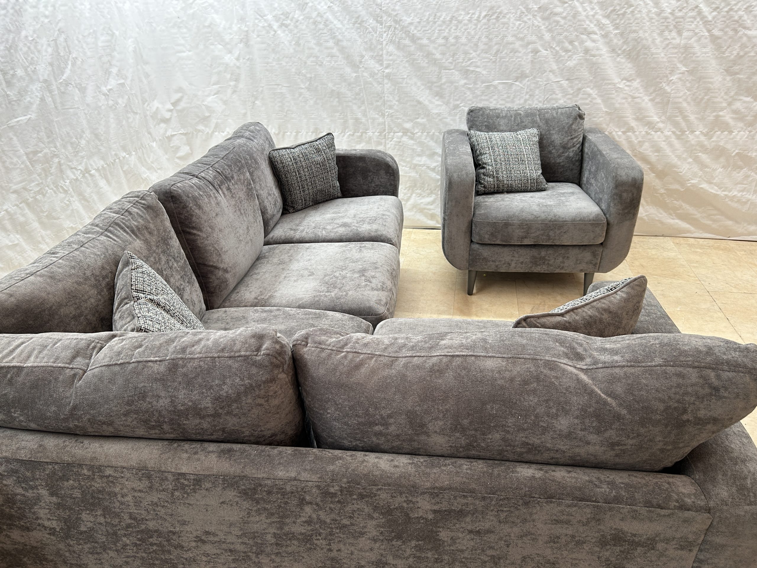 Maia Ex-Display Grey Fabric Corner Sofa + Chair - Image 4