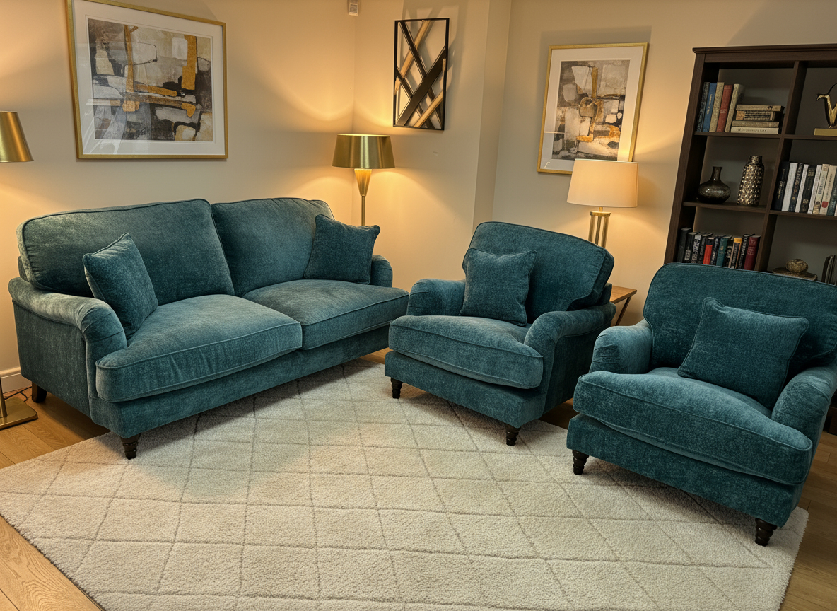 Ex-Display Mahid Turquoise Fabric 3 Seater Sofa + 2 Chairs Set | EXMAC