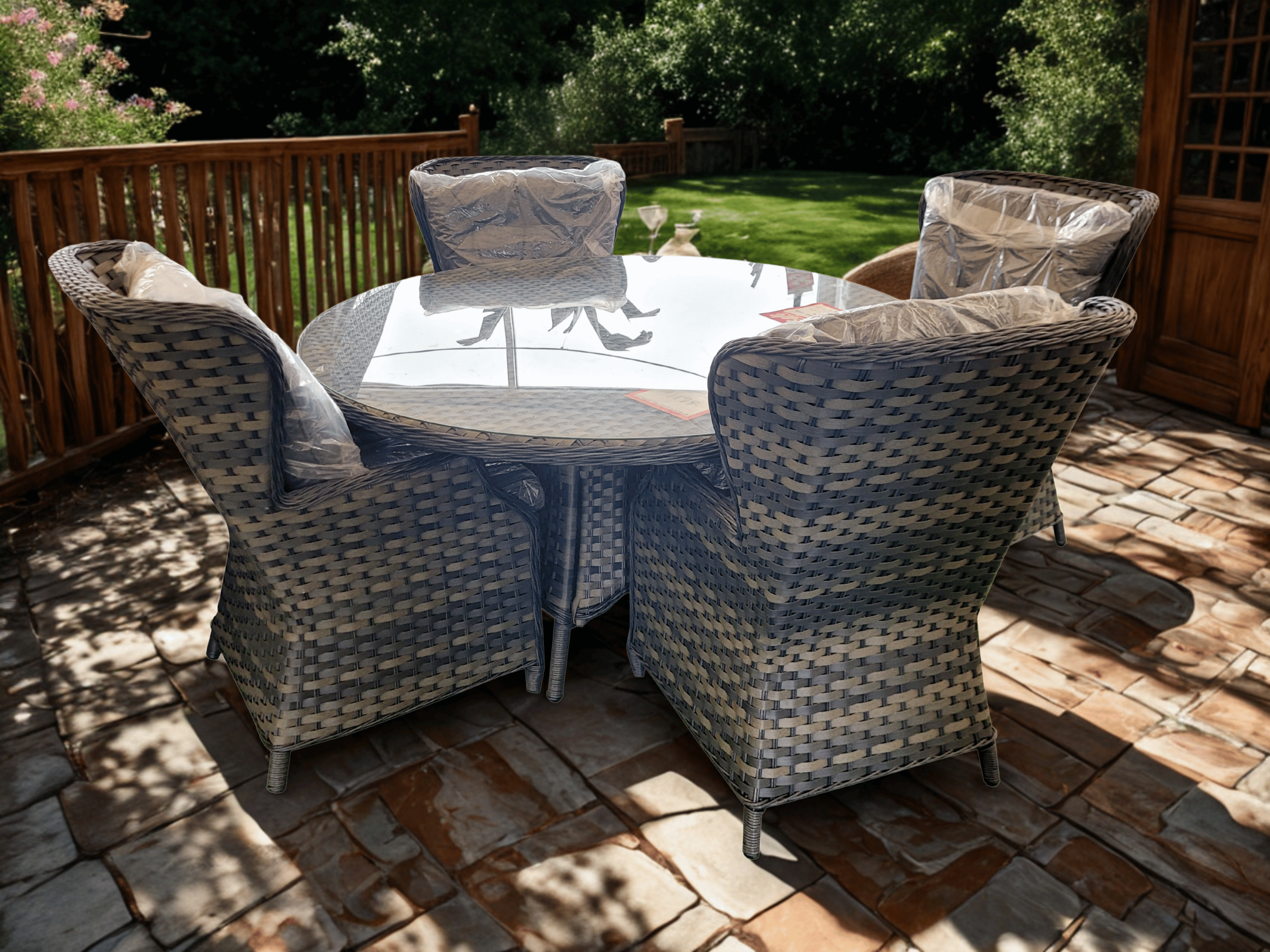 Thomas Round Table + 4 Chairs Grey Dining Set Outdoor Garden Furniture