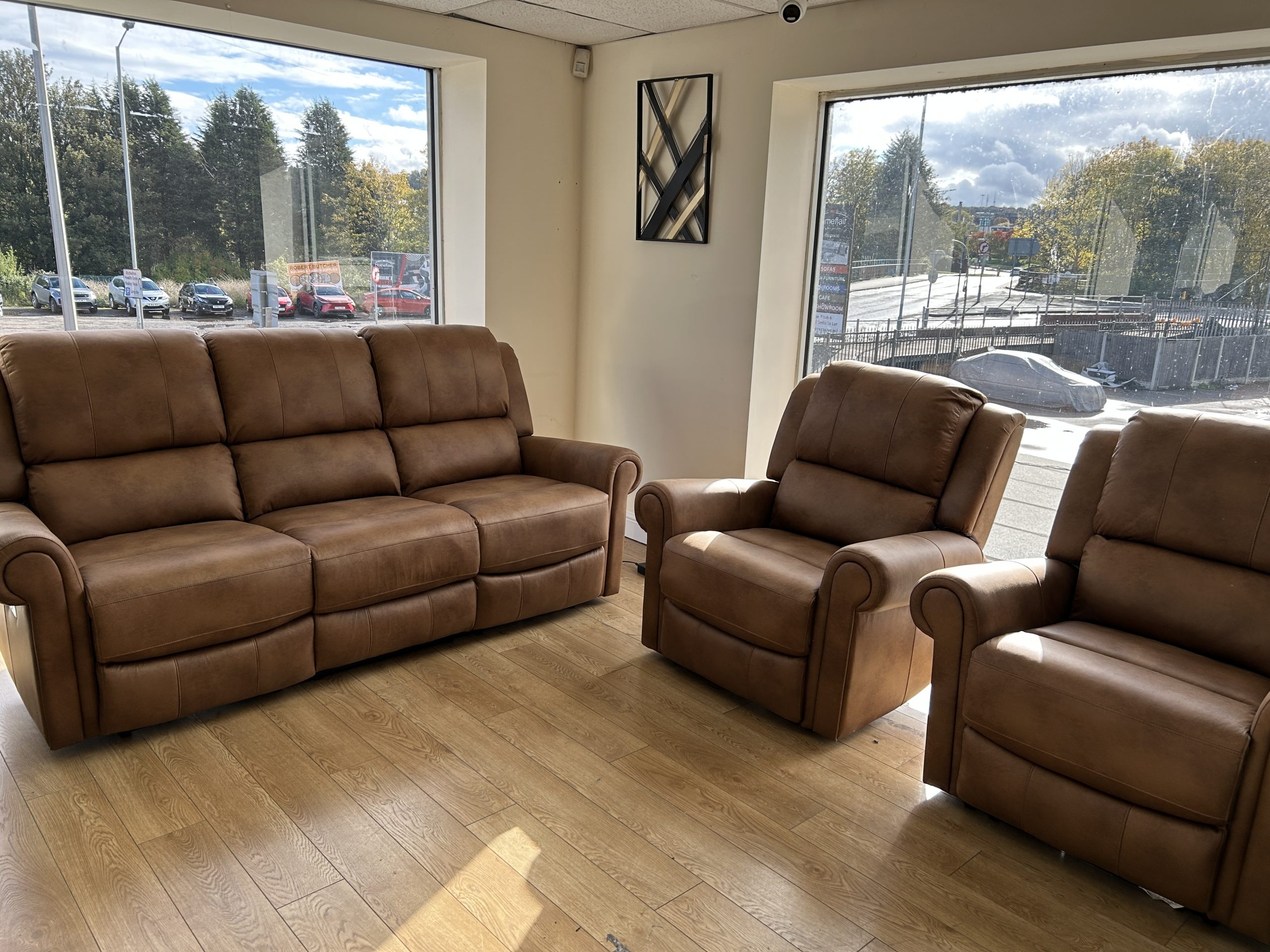 Ex-Display Aylsham Electric Recliners Brown Leather 3 seater + 2 Chair Sofa Set - Image 3